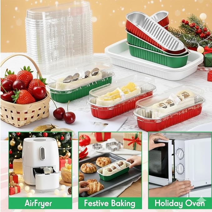 Mini Loaf Pans with Lids and Spoons Sealing Sticker,30 Pcs 6.8oz Cake Pans for Baking Disposable Aluminum Foil Christmas Red cake pan (30 Pack Red)