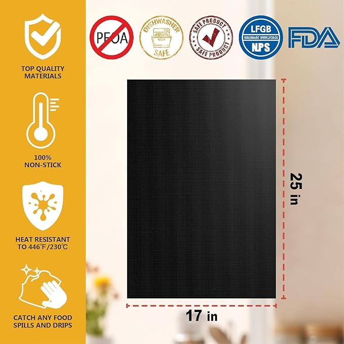 BBQ Grill mats for Outdoor Grill 100% Non-Stick Grill Mats&Baking Mats, Heavy Duty,Reusable and Easy to Clean for Gas, Charcoal, Electric Gril 6 PACK (6 Pack, 17"x 25")