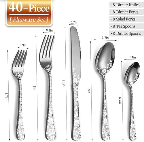 40 Piece Silverware Set, Stainless Steel Flatware Cutlery Set Service for 8, Mirror Polished Tableware Eating Utensils Set for Home Kitchen, Include Knife Fork Spoon Set, Dishwasher Safe