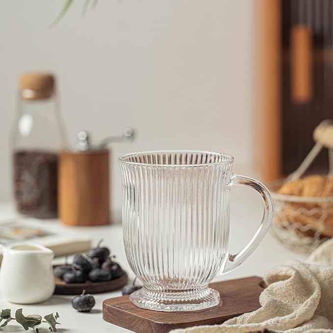 KEMORELA Glass Coffee Mugs Set of 8, Ribbed Large Coffee Mug 16 Oz With Handles for Hot Beverages, Clear Mugs for Tea, Cappuccino, Latte, Espresso Coffee, Glass Coffee Cups Large Coffee Mug