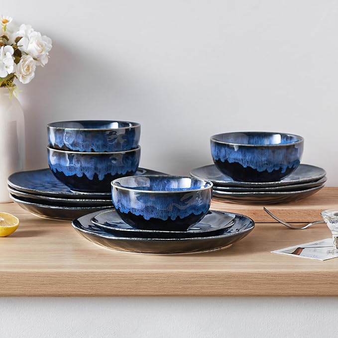 vancasso Starry Dinnerware Set for 4, Handmade Reactive Glaze Stoneware 12 Pieces Plates and Bowls Sets, Dishwasher and Microwave Safe Dish Set, Blue
