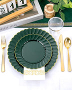 YOUBET 175PCS Green Scalloped Plastic Plates - Green and Gold Disposable Dinnerware Set Include 50 Plates, 75 Gold Silverware, 25 Cups, 25 Napkins for Party & Wedding