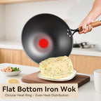 Carbon Steel Wok with Lid, 12.6" Flat Bottom Stir Fry Pan, Rolled Edge Spun Steel Wok, Coating-Free Wok for Induction, Gas & Electric Cooktops