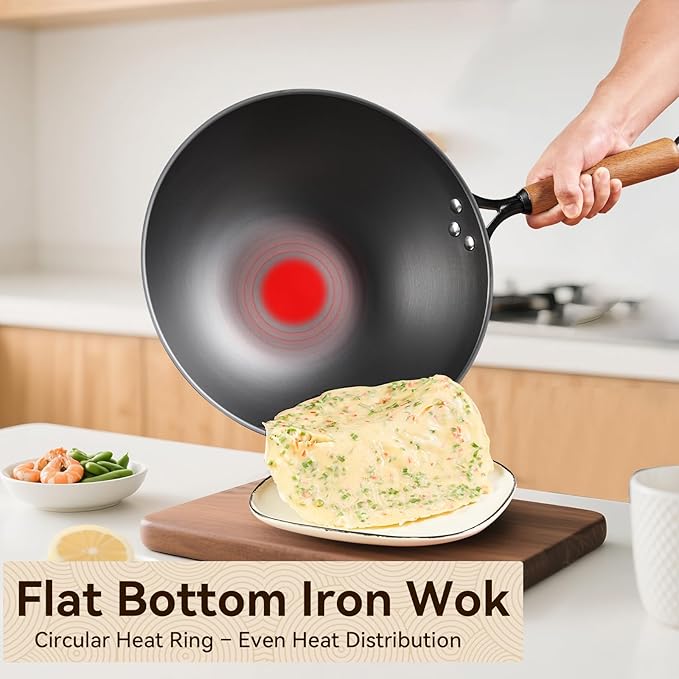 Carbon Steel Wok with Lid, 12.6" Flat Bottom Stir Fry Pan, Rolled Edge Spun Steel Wok, Coating-Free Wok for Induction, Gas & Electric Cooktops