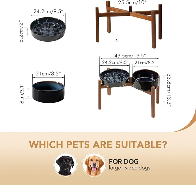 Havniva Ceramic 3.2 Cup Raised Slow Feeder Dog Bowl Set, Elevated 8.2inch Bowl and 9.5inch Slow Feeder Dish with Acacia Wood Stand for Large Dog (2 x Starry Sky+ Stand)