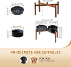 Havniva Ceramic 3.2 Cup Raised Slow Feeder Dog Bowl Set, Elevated 8.2inch Bowl and 9.5inch Slow Feeder Dish with Acacia Wood Stand for Large Dog (2 x Starry Sky+ Stand)