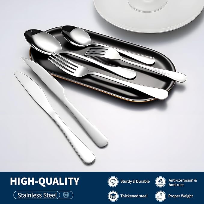 GPY 24-Piece Silverware Set with Steak Knives, Nickel Free 18/0 Stainless Steel Flatware Set Service for 4, Heavy Duty Eating Utensils with Mirror Polish, Dishwasher Safe for Home Kitchen & Restaurant