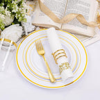 I00000 700Pcs Gold Dinnerware Set for 100 Guests, Plastic Plates for Party, Include: 100 Rim Dinner Plate, 100 Dessert Plate, 100 Paper Napkins, 100 Cups, 100 Gold Plastic Silverware Set