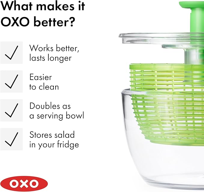 OXO Good Grips Salad Spinner - Large, Green Lettuce & Fruit Washer, BPA-Free, Easy One-Hand Pump