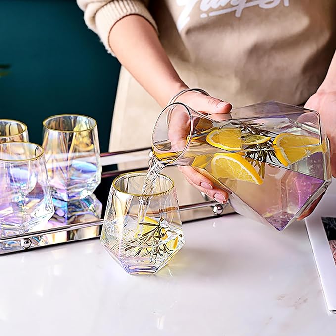 XKXKKE Diamond Wine Glasses Set of 4, 10 OZ Modern Stemless Gold Rim Glass Cups Iridescent Drinking Glassware for Serving Party, Home, Bar, Restaurants, Gift, Rainbow Tumbler, Colorful 4 Pack