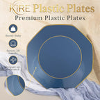 KIRE 140Pcs Blue Plastic Plates with Gold Rim - Gold Disposable Plastic Silverware with Blue Handle&Clear Cups&Hand Napkin - Geometric Party Plates for Passover/Party/Graduation