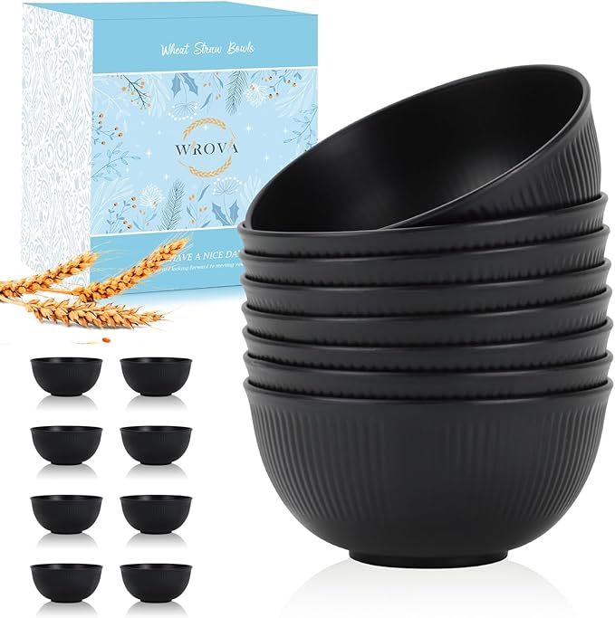 Wrova Wheat Straw Bowl Sets of 8,Unbreakable Cereal Bowl 26 OZ,Microwave and Dishwasher Safe Bowls,Salad Bowl suitable for Cereal,Salad,Snack and Soup. Winter-Pure Black