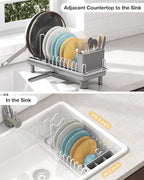 Dish Rack, Carbon Steel Small Dish Drying Rack Rustproof for Kitchen Counter, Compact Space-Saving Dish Drainer with Adjustable Slots for Small Kitchens & Apartments, 16.5×6.5×7inch, Grey