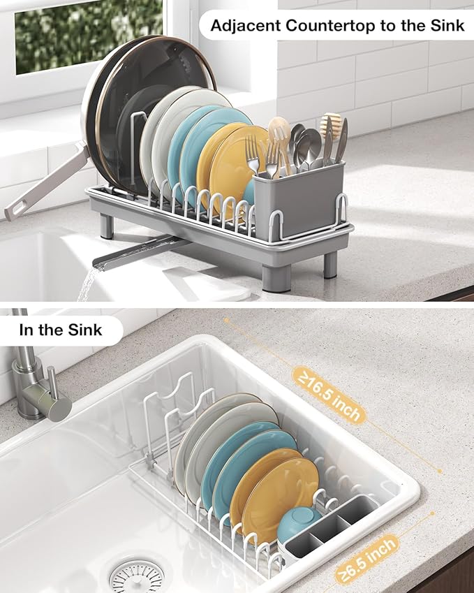Dish Rack, Carbon Steel Small Dish Drying Rack Rustproof for Kitchen Counter, Compact Space-Saving Dish Drainer with Adjustable Slots for Small Kitchens & Apartments, 16.5×6.5×7inch, Grey