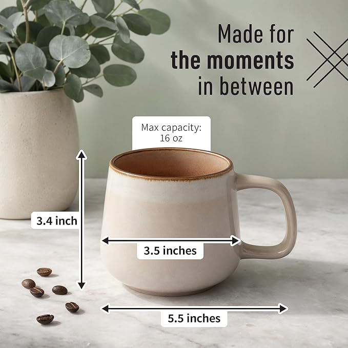 Ava Nord Large Ceramic Coffee Mugs Set of 4 | 16 oz Stoneware Coffee Cups | Lead-Free, Non-Toxic | Microwave and Dishwasher Safe | Comfortable Handle | Nordic Design for Tea, Cocoa, Latte | Rose Sand