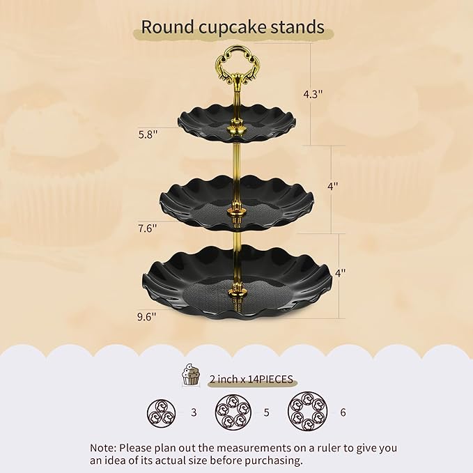 Pack of 10 NWK Cake Stand Set, with 3 x Two-Tier and 3 x Three-Tier Cupcake Stands, 4 x Appetizer Trays, 1 x Tablecloth for Birthday Bridal Baby Shower Party (Black)