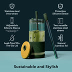 Pandaloo® Glass Cups With Lids and Straws -20 Fl Oz- Perfect Size Iced Coffee Cup - Smoothie Cup With Bamboo Lid and On the go Lid - Glass Tumbler With Straw (1 Count (Pack of 1), Black Saphir)
