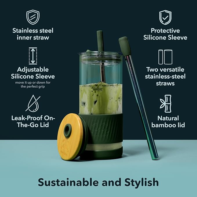 Pandaloo® Glass Cups With Lids and Straws -20 Fl Oz- Perfect Size Iced Coffee Cup - Smoothie Cup With Bamboo Lid and On the go Lid - Glass Tumbler (2 Count (Pack of 1), Galactic Blue-Coton White)