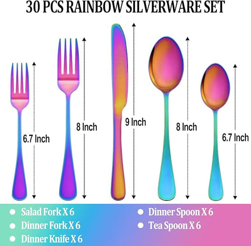 30 Pcs Rainbow Silverware Set Service for 6,Stainless Steel Flatware Serving Sets,Kitchen Tableware Set,Utensil Set for Home and Restaurant,Knives Forks Spoons Set,Mirror Polished,Dishwasher Safe