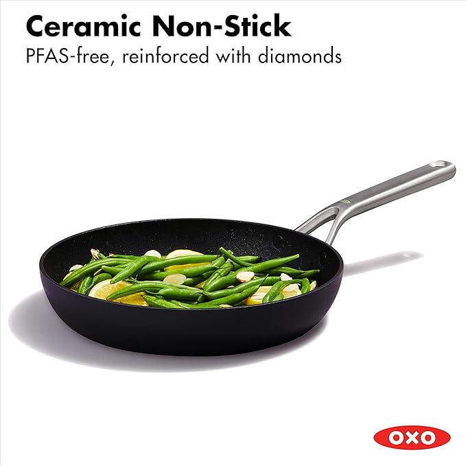 OXO Professional 10" Frying Pan Skillet, Hard Anodized Ceramic Nonstick Cookware PFAS-Free, Induction Suitable, Stainless Steel Handles, Diamond Reinforced Coating, Dishwasher Safe, Oven Safe, Black