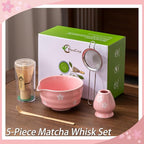 Matcha Whisk Set, Matcha Bowl with Spout, Matcha Whisk and Holder, Bamboo Matcha Scoop and Stainless Sifter，Ceramic Matcha Bowl Set (Pink)