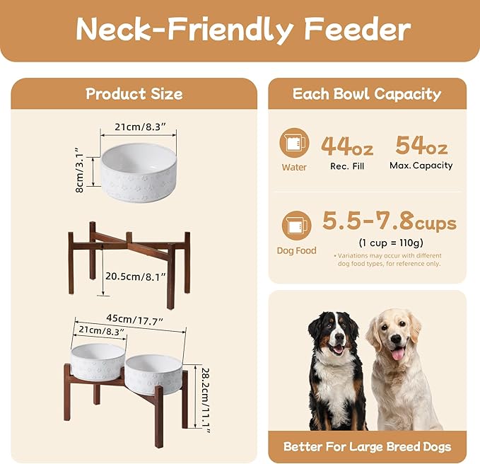 Havniva Ceramic 8.2inch Raised Double-Bowl Set with Acacia Wooden Stand, Food & Water Bowls for Large Breed Dogs, Weighted Dog Dishes, Pet Bowl (60 oz)