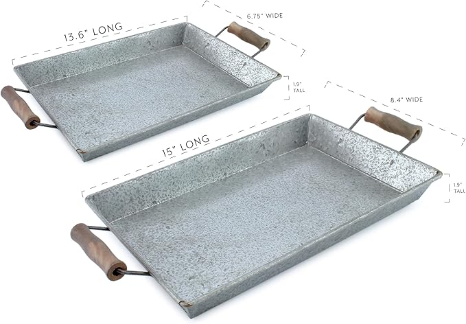 AuldHome Design Galvanized Farmhouse Trays (Set of 2, Small & Medium); Farmhouse Decor Rectangular Trays w/Handles
