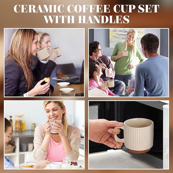 6 Set Ceramic Coffee Mugs with Spoons Set, Beige Textured Ceramic Mugs with Handle, Dishwasher Microwave Safe, Aesthetic Tea Mug for Home Office, Coffee Lover Gift