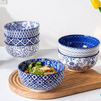 Ceramic Soup Bowls Set - 23 Oz Deep Cereal Bowl for kitchen - 6 Inch Porcelain Salad Bowl for Pasta, Dessert, Ramen - Microwave Dishwasher Safe - Set of 6 - Vintage Blue