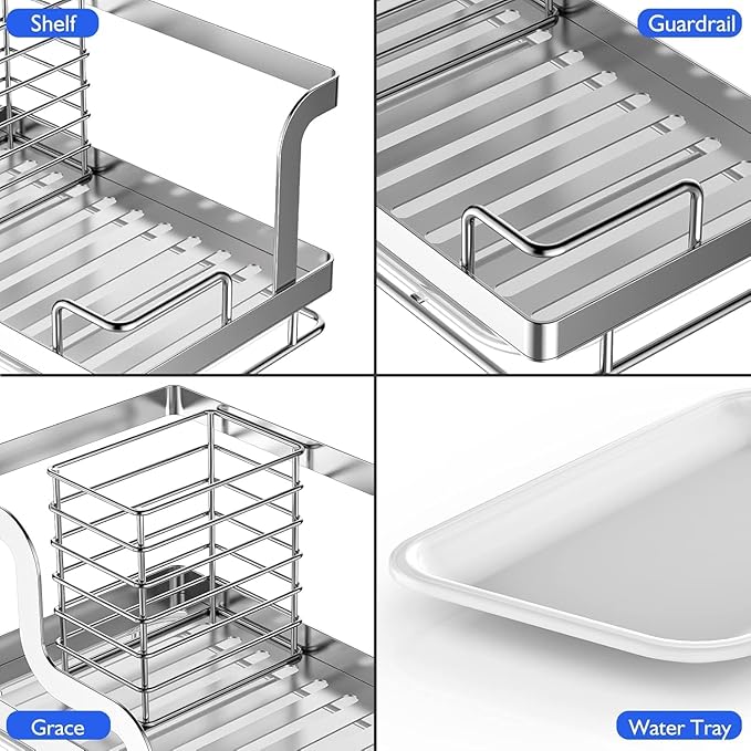 BSKSSK Sink Caddy, Kitchen Sink Organizer Sponge Holder, Dish Soap Scrubber Holder with Removable Drain Pan, Sink Brush Holder Kitchen Sink Stainless Steel for Sponge (Sliver, Large)