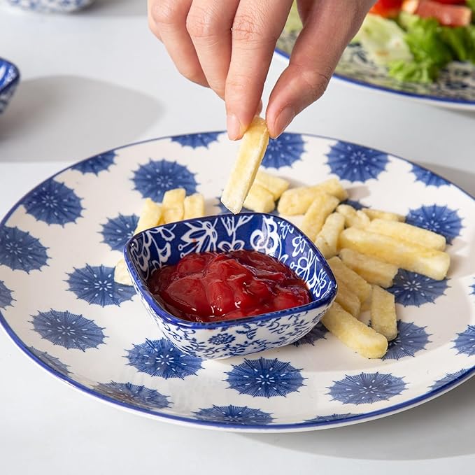 Square Dipping Bowls Set - Mini 2.6 OZ Ceramic Soy Sauce Dishes - 3 inch Small Bowls for Charcuterie, Condiments, Side Dish BBQ, Ramekins Pinch Bowls for Kitchen Prep - Set of 6 - Vintage Blue