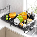Urackify Large Dish Drying Rack – Expandable Dish Rack for Kitchen Counter, Multifunctional Dish Drainer with Cup & Wine Glass Holder, 16.2"-26" L x 17" W, Black