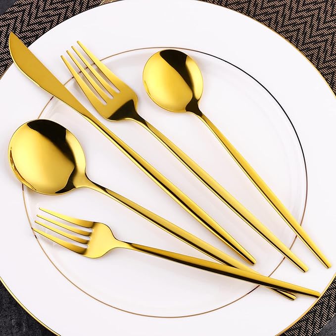 30-Pieces Gold Flatware Set, Gold Silverware Set for 6,Tableware Fine Dining Utensil Set Include Knives Forks and Spoons,Circular Fine Handle Cutlery Decorate Wedding Mirror Polished,Dishwasher