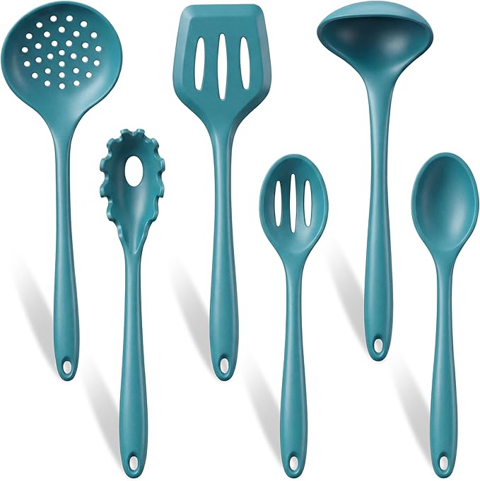 TeamFar Silicone Cooking Utensils Set of 6, Kitchen Utensils Set, Includes Ladle Slotted Turner for Non-stick Cookware, Healthy & One-Piece, Non-Scratch & Heat Resistant, Dishwasher Safe, Dark Blue