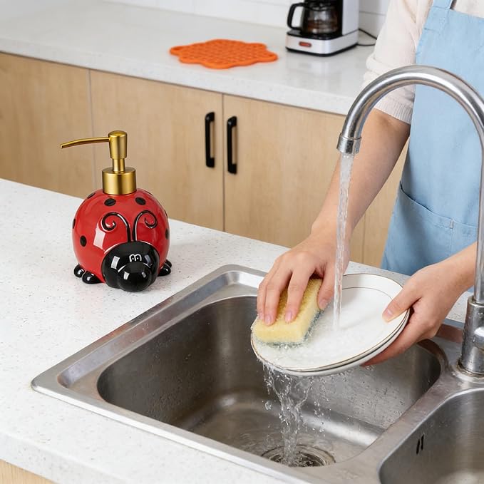 RQYIXI 17 OZ Ladybug Ceramic Soap Dispenser with ABS Pump,Refillable Liquid Bathroom soap Dispenser for Lotion ,Body Wash ,Cute Kitchen Soap Dispenser for Dish Soap,Hand Soap