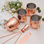 Amrules Moscow Mule Mugs Set of 4, 16 OZ Hammered Copper Cups with 304 Stainless Steel Lining and Gold Brass Handles, Includes Straws, Opener, Jigger, Brush, Fit for Cold Drinks, Bars, Parties