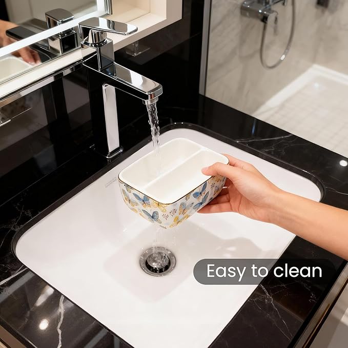2 Compartments Ceramic Sponge Holder for Kitchen Sink, Cute Floral Countertop Dish Sponges Holder Soap Sink Organizer Farmhouse Caddy (Butterfly)