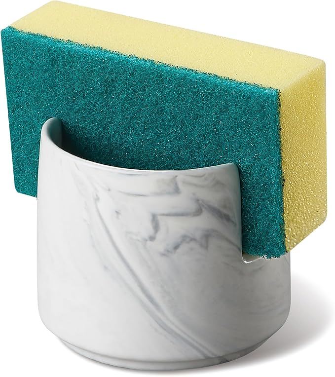 ONEMORE Ceramic Sponge Holder for Kitchen Sink, Dish Sponge Holder with Drain, Kitchen Sink Organizer for Sponge and Soap, Cute Ceramic Sink Holder, In Sink Sponge Storage for Kitchen Counter, Marble