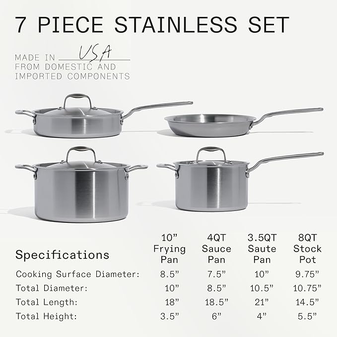Made In Cookware – 7 Piece Stainless Steel Cookware Set – 5-Ply Stainless Clad – Includes Frying Pan, Saucepan, Saute Pan, Stock Pot – Professional Cookware – Crafted in Italy – Induction Compatible