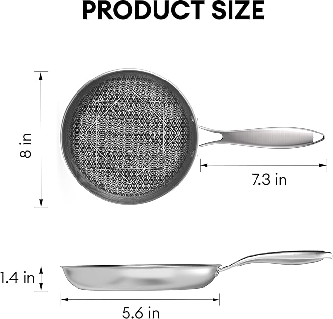 COOKER KING 8-Inch Stainless Steel Pan, Hybrid Nonstick Frying Pan, Skillet, 3-Ply Clad Cookware, Even Heat Distribution, Dishwasher & Oven Safe, with Stay-Cool Handle, Induction Compatible