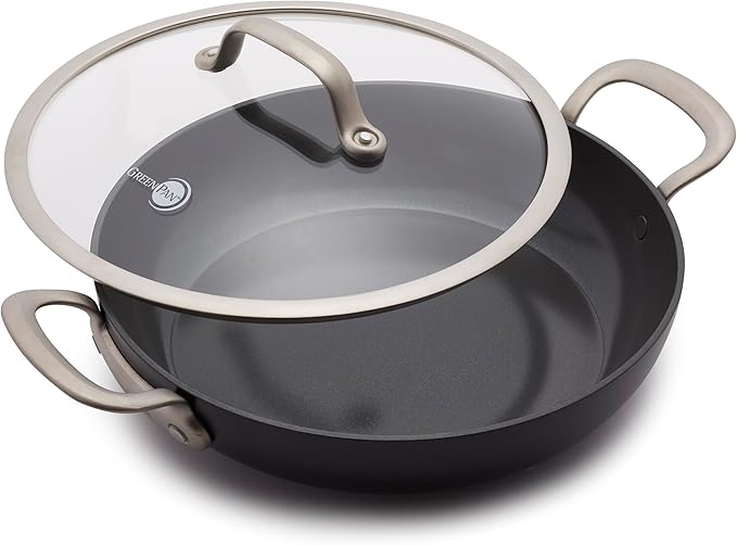 GreenPan Healthy Ceramic Nonstick 12" Everyday Frying Pan with 2 Handles and Lid, PFAS-Free, Multi Clad, Induction, Dishwasher Safe, Oven Safe, Black