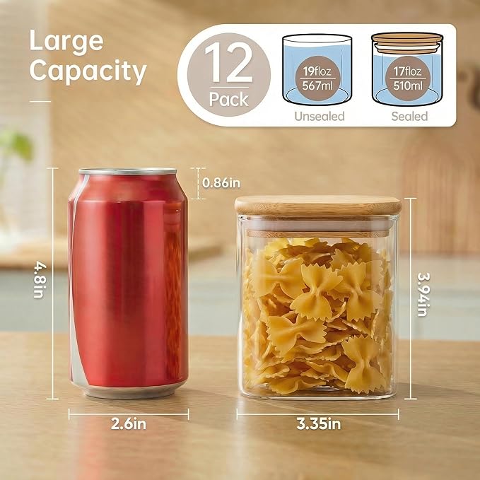 Square Glass Jars with Bamboo Lids 17 FL OZ [Set of 12], Glass Canisters with Airtight Lids, Glass Food Storage Containers for Spice, Sugar, Tea, Candies, Cookies, Best for Kitchen & Pantry
