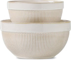 Ceramic Large Glazed White Stripe Mixing Bowls for Kitchen, Set of 2 Big Serving Bowls for Cooking, Popcorn, Salad, Soup, Baking, Dough Bread Making Bowl, 10 inch + 8 inch