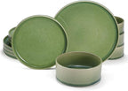 Ceramic Dinnerware Set, by Vase and Vessel, 12-Piece Service for 4, 9.8” Dinner Plates, 8” Salad Plates, 20 oz Bowls, Ombre Reactive Glaze, Durable Stoneware, Microwave & Dishwasher (Moss Green)