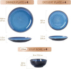 Plates and Bowls Sets for 4 - CJDC-QUELO 12-Piece Stoneware Dinnerware Sets, Ceramic Dishware Set for Kitchen Use and Formal Dining, Chip and Scratch Resistant Microwave Dishwasher Safe, Blue