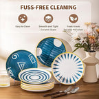 Yeacccng Japandi Dinner Plates Set of 4, 8 Inch 10 Oz Blue Striped Ceramic Plates, Shallow Salad Plates, Lead-Free Cadmium-Free, Dishwasher Microwave Oven Safe, Scratch-Resistant Serving Plates