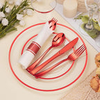 BESTSTAR 350PCS Clear and Red Disposable Plates Set for 50 Guests, 100 Plastic Plates, 50 Plastic Cups, 50 Pre-Rolled Napkins with Cutlery for Party, Christmas, Thanksgiving, Birthday, Halloween
