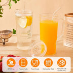 GOSCHE Glass Cups with Lids and Straws, 24oz Clear Iced Coffee Cups with Handle, Glass Tumbler with Straw and Lid for Smoothie Water Tea Juice, Clear, 2 Pack