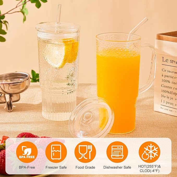 GOSCHE Glass Cups with Lids and Straws, 24oz Clear Iced Coffee Cups with Handle, Glass Tumbler with Straw and Lid for Smoothie Water Tea Juice, Clear, 2 Pack