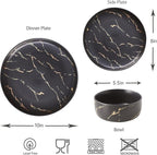 Pokini Black Gold Splash Dinnerware Sets, Marble Porcelain Plates and Bowls Sets, Modern Luxury Dish Set for 4, 12 Pieces Fine China Plates Set for Formal Dinners and Anniversaries